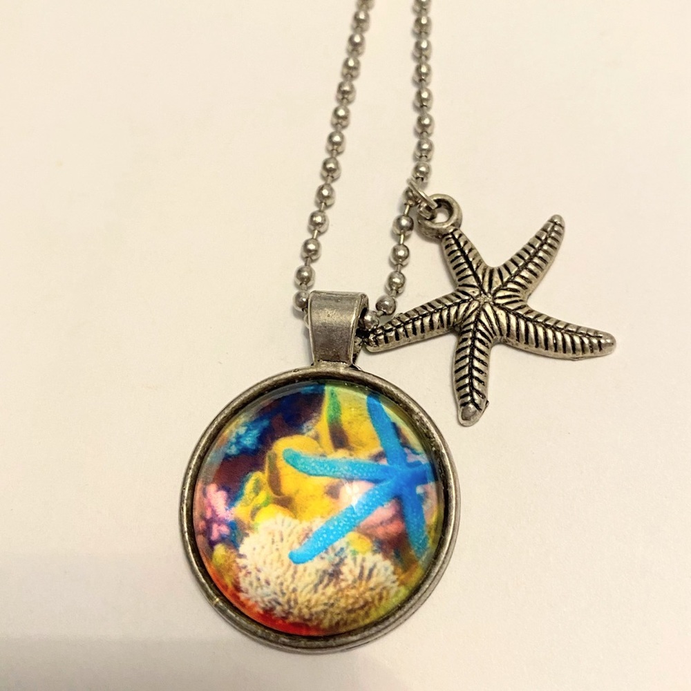 Hand Crafted Silver Starfish Necklace with Blue and Yellow Accents